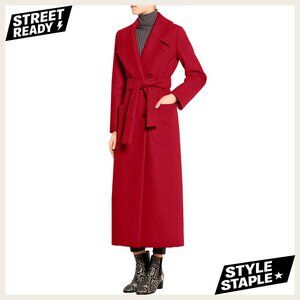 Wool Blend Pea Coat with Belt, Notch Lapel, Double Breasted, Ankle Length